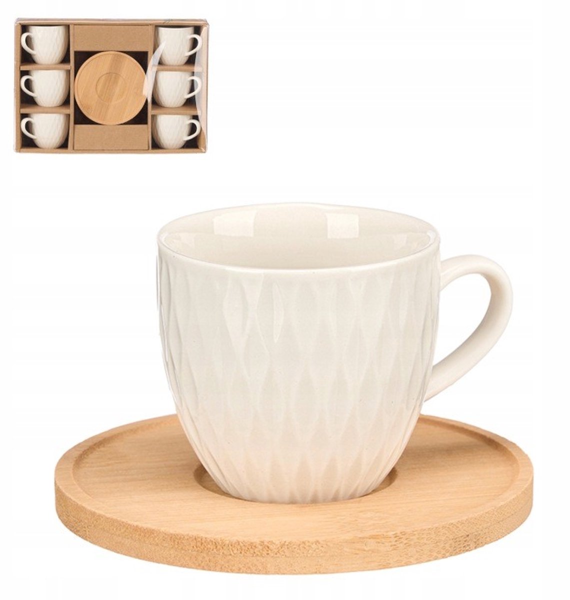 Koffieservies Set - Luxe Servies Set - Kop en Schotel Set - Koffiekopjes met Bamboe Schotels - Espresso Kopjes - voor 6 Personen - Porselein - 90ml - 6.3 x 5.5 x 8.5 cm - Crème