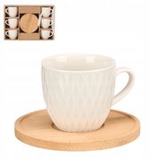 Koffieservies Set - Luxe Servies Set - Kop en Schotel Set - Koffiekopjes met Bamboe Schotels - Espresso Kopjes - voor 6 Personen - Porselein - 90ml - 6.3 x 5.5 x 8.5 cm - Crème