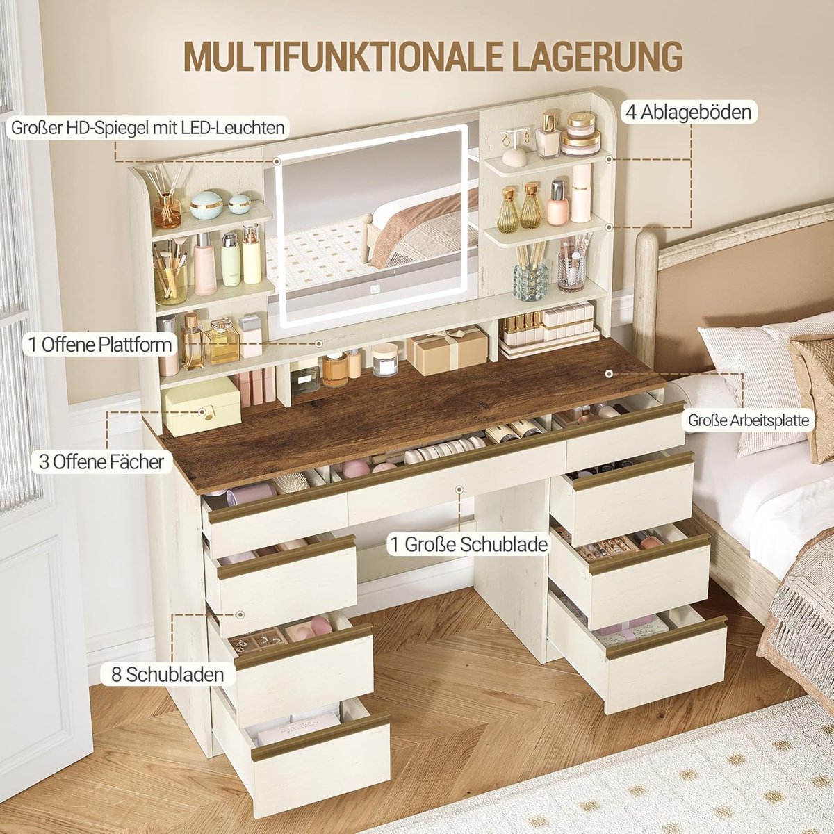 Make-uptafel met LED Verlichting en Spiegel – Kaptafel met 9 Lades, 9 Open Vakken, Dimbaar Licht en 3 Kleurstanden – Moderne Wit-Bruine Make-up Tafel 108 cm – Slaapkamer Kaptafel – abtkantoor