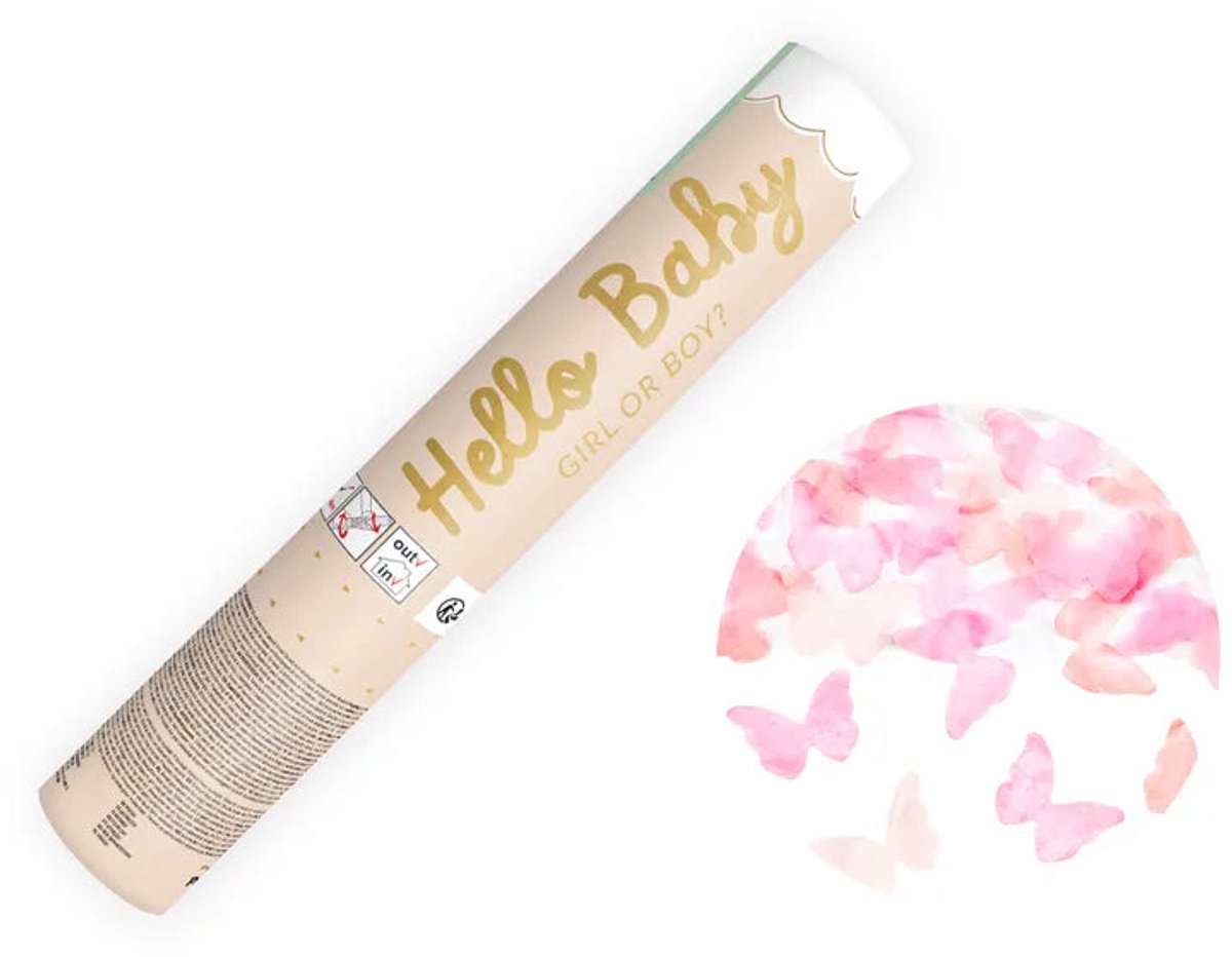 Confetti Kanon Gender Reveal Vlinders Roze (20cm)