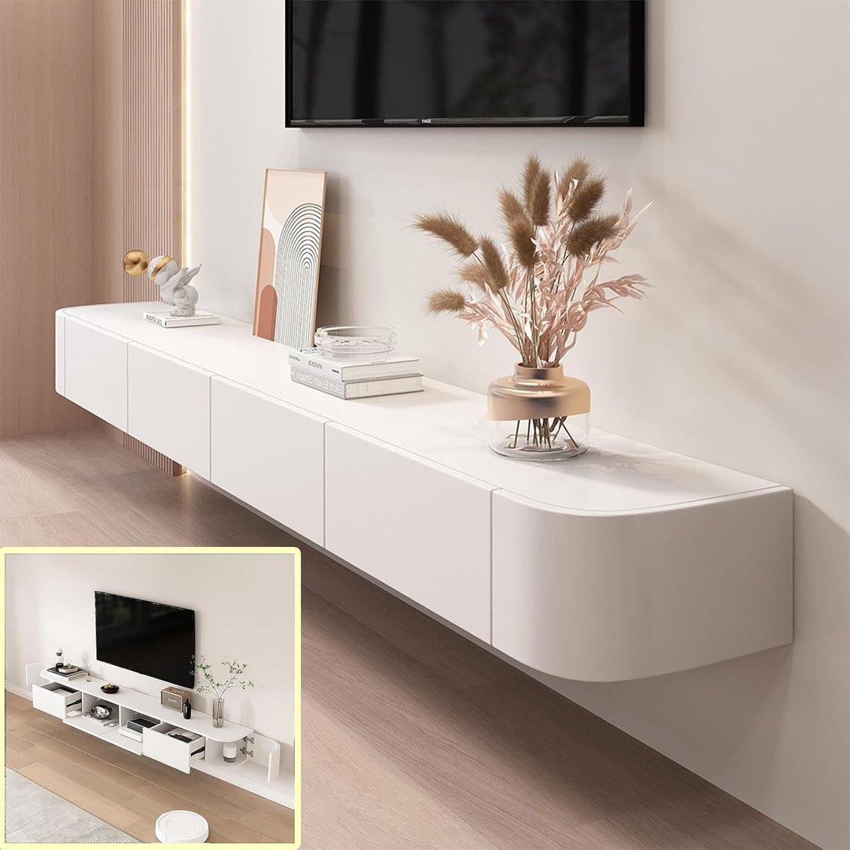 TV meubel zwevend massief hout – Wand TV kast met deur & opbergruimte – 250 kg draagkracht multimedia console met kabelmanagement – Urbanhome