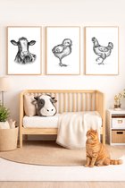 Zwart Wit Poster A3 Koe – Boerderijdier Poster Kinderkamer – 29,7x42 cm – Kraamcadeau – 300g Mat Papier – Lieve Posters