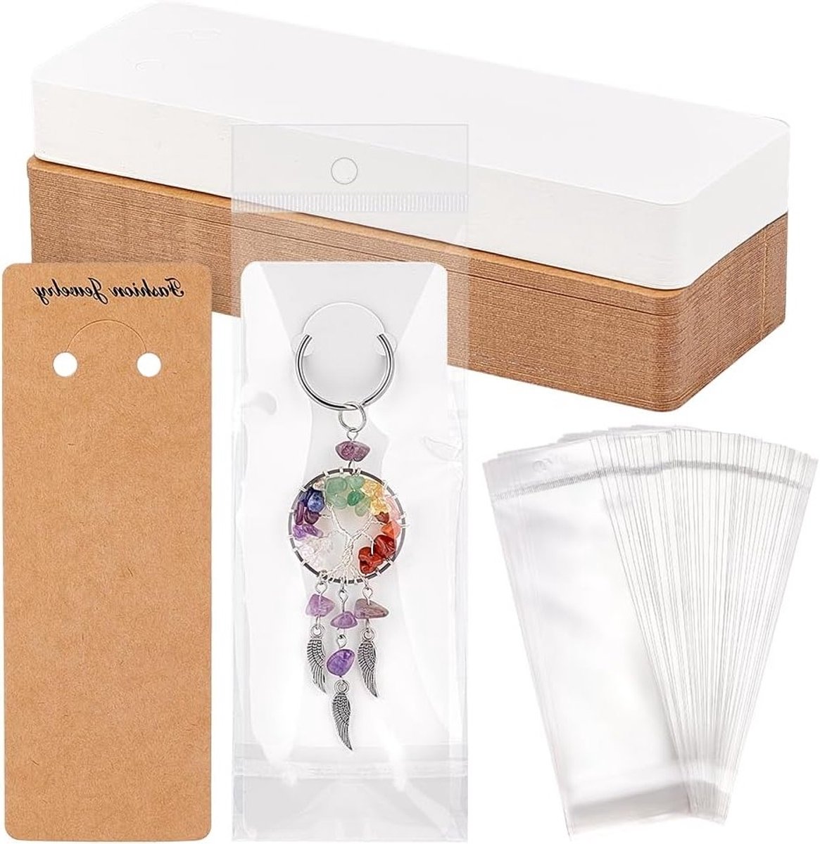 100 Sets Sleutelhanger Displaykaarten met Zelfsluitende Zakjes, 5.9 x 2 Inch Sleutelhanger Houder voor Presentatie en Organisatie van Sleutelhangers