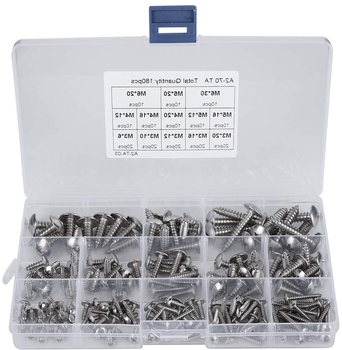 180-delige roestvrijstalen schroeven met ronde kop, zelftappend, assortiment M3 M4 M5 M6 in handige plastic opbergdoos