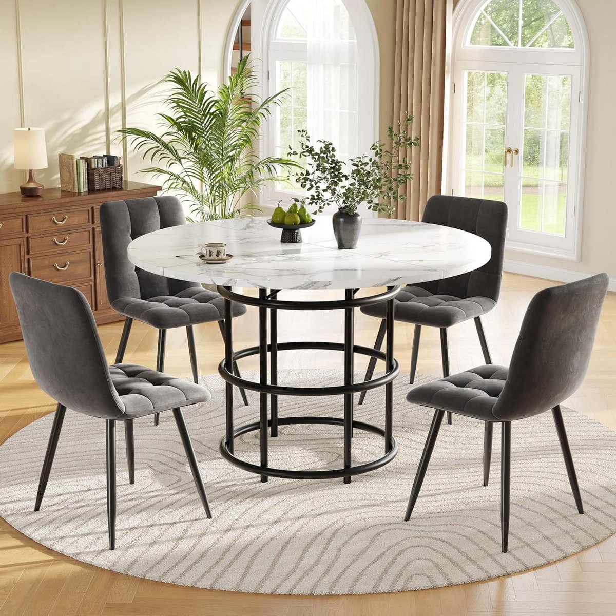 Eettafel met stoelen - Keukenset - Gezellig tafelen - Marmerlook blad - 100 cm rond - Zwart wit