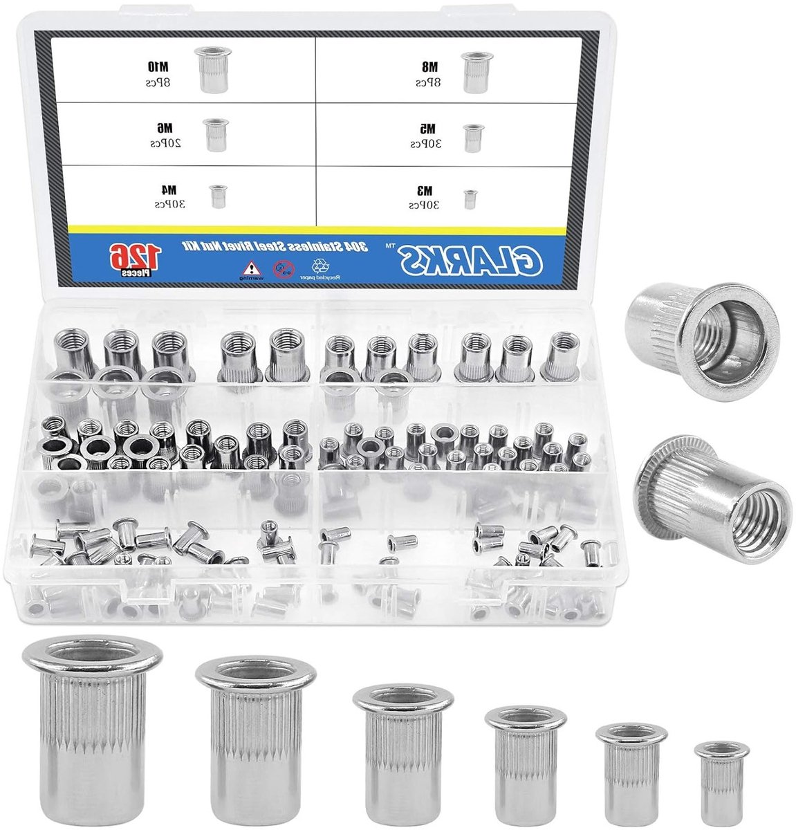 304 Rvs Platte Hoofd Draad Rivetnut Insert Nutsert Assortiment Kit - M3 M4 M5 M6 M8 M10, Rivet Nut Kit, Duurzaam, Veelzijdig, Handig voor DIY-projecten