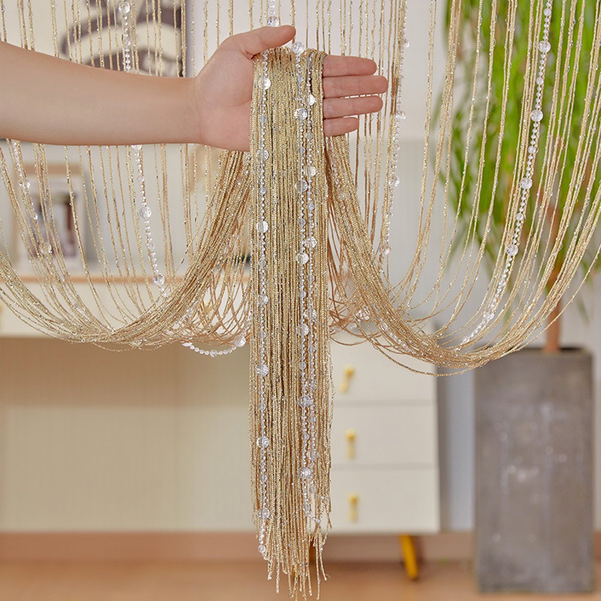 Vliegengordijn, Deurgordijn, Gordijn van draad met kristallen kralen, schermgordijn met kwastjes, geschikt voor deuropening, binnen decoratie, salon, bruiloft, feestdecoratie, woonkamerafscheiding - 1x2 meter(Champagne kleur)| Cyslmuk®