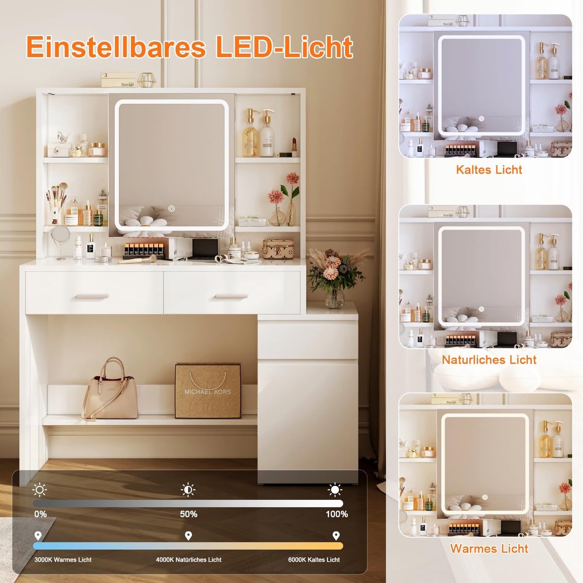 Make-uptafel met LED-spiegel en opbergruimte – ABTkantoor Luxe Vanity Tafel 117 cm – 3 lichtkleuren, 6 vakken, 2 laden + zijkast – Moderne make-up tafel slaapkamer organizer wit