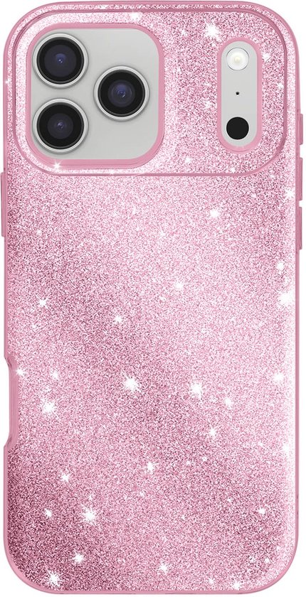 Coque rose à paillettes pour iPhone 14 Pro Max avec découpe triple appareil photo.