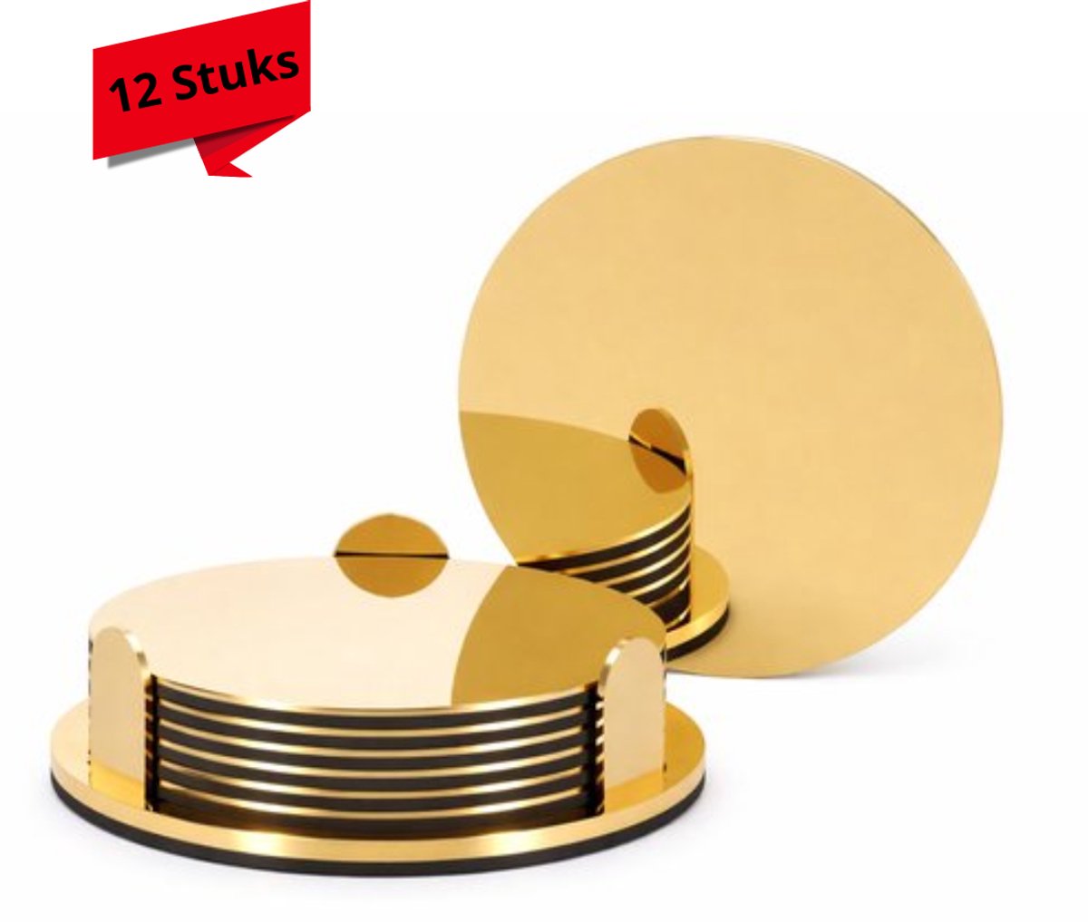 Narvie Onderzetters met Houder - 12 Delige Set - Rond - Goudkleurig - Luxe Coasters voor Tafelbescherming,Glazen, Bekers en Mokken