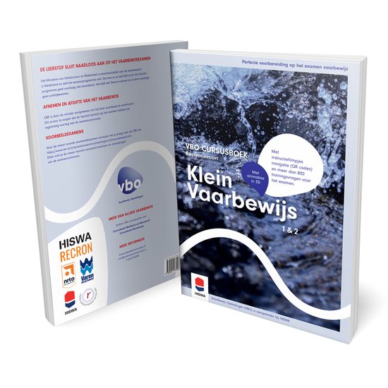 Twee boeken met waterprint op een witte achtergrond. Titel: VBO Cursusboek Klein Vaarbewijs Recreatievaart 1 & 2.