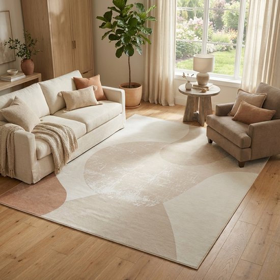 Tapiso Wisp Vloerkleed Laagpolig – Beige Crème Tapijt – Abstract Organisch Patroon – Woonkamertapijt Antislip – Slaapkamer Eetkamer 200x300
