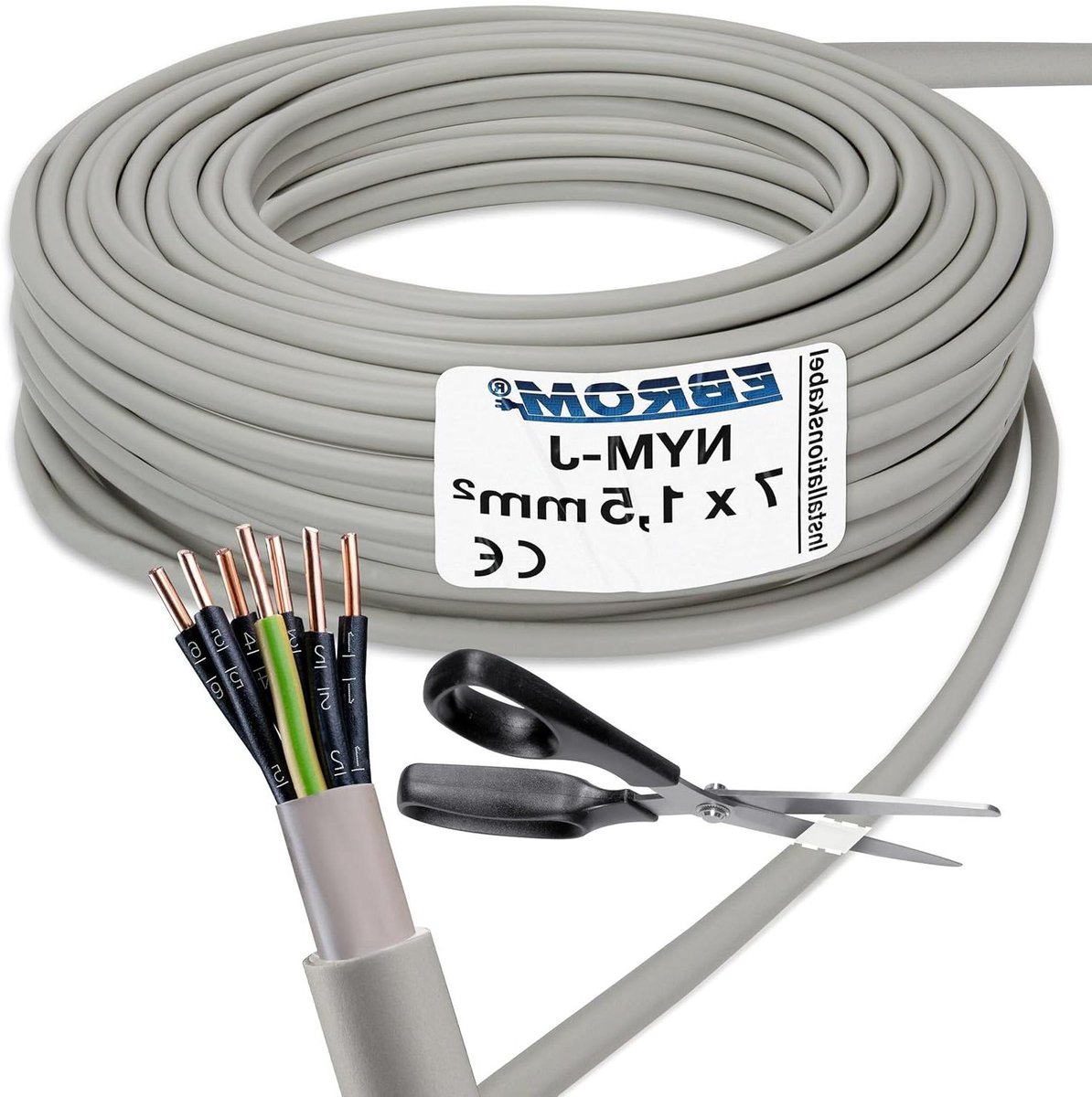 Installatiekabel NYM-J - Elektrische draad - Vaste installatie - 7x15 mm² doorsnede - Per meter leverbaar - Grijs