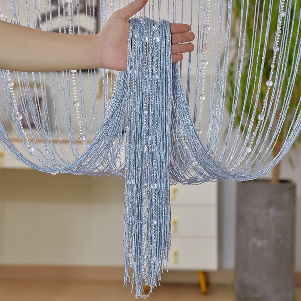 Vliegengordijn, Deurgordijn, Gordijn van draad met kristallen kralen, schermgordijn met kwastjes, geschikt voor deuropening, binnen decoratie, salon, bruiloft, feestdecoratie, woonkamerafscheiding - 1x2 meter(zilvergrijs kleur)| Cyslmuk®