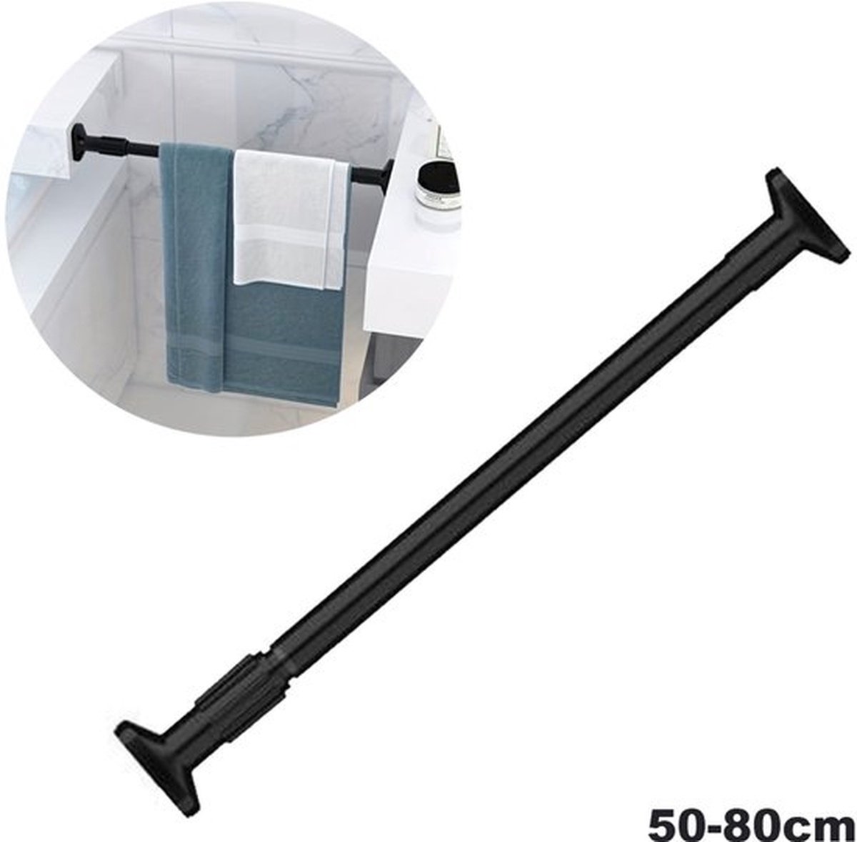 Spanningsgordijnstang - Verstelbaar van 50 tot 80 cm, diameter 25 mm - Zwart spanningsstang - Geen boren nodig - Uitbreidbare spanningsstang voor deuropeningen, keukens en badkamers