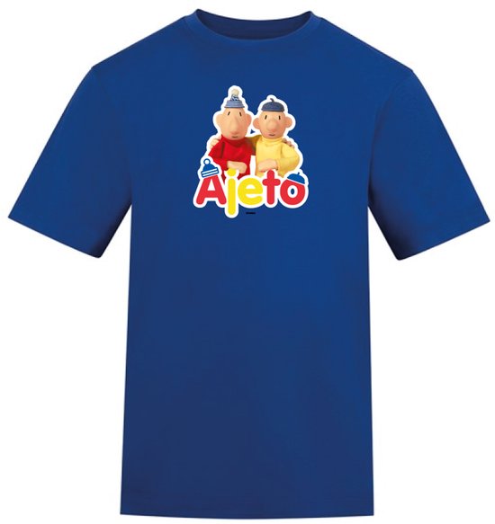 Kobaltblauw T-shirt met opdruk van Buurman & Buurman, met de tekst 'Ajeto'.