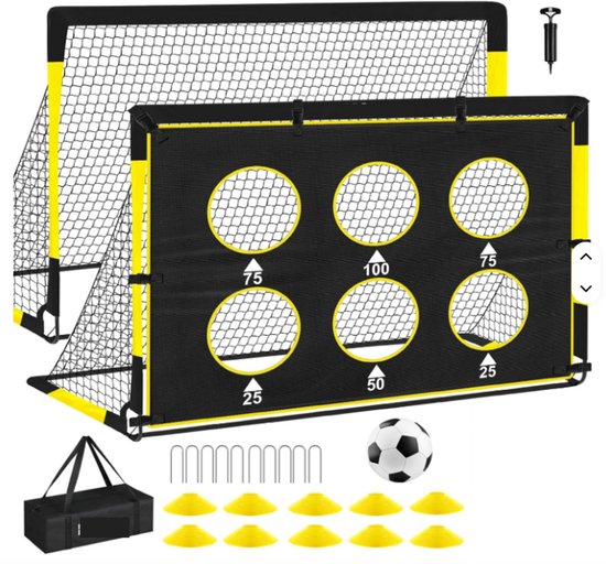 But de football noir et jaune avec cible, ballon, cônes, piquets et sac.