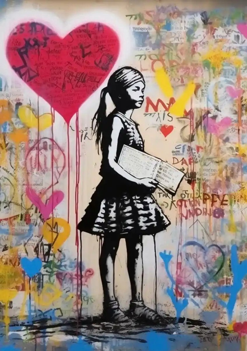 Yourwallarts.com - Wandpaneel - Canvas - Meisje met Rood Hartballon op Kleurrijke Graffiti Achtergron