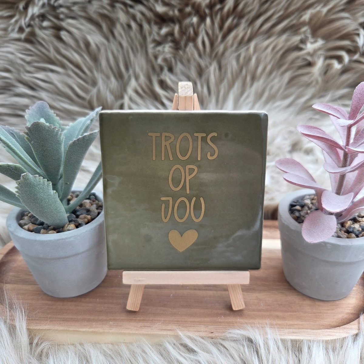 Robuust Wenstegeltje “Trots op Jou” – 10x10cm – Lief Cadeautegeltje met Hartje – Trendy nu – Geslaagd – vriend(in), familie, gezin, zomaar – Decoratief Tegeltje met Standaard – Cadeau Idee