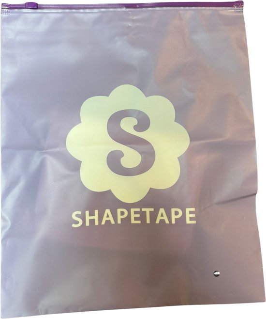 Sac de rangement transparent violet avec un logo de fleur vert clair et le texte SHAPETAPE.