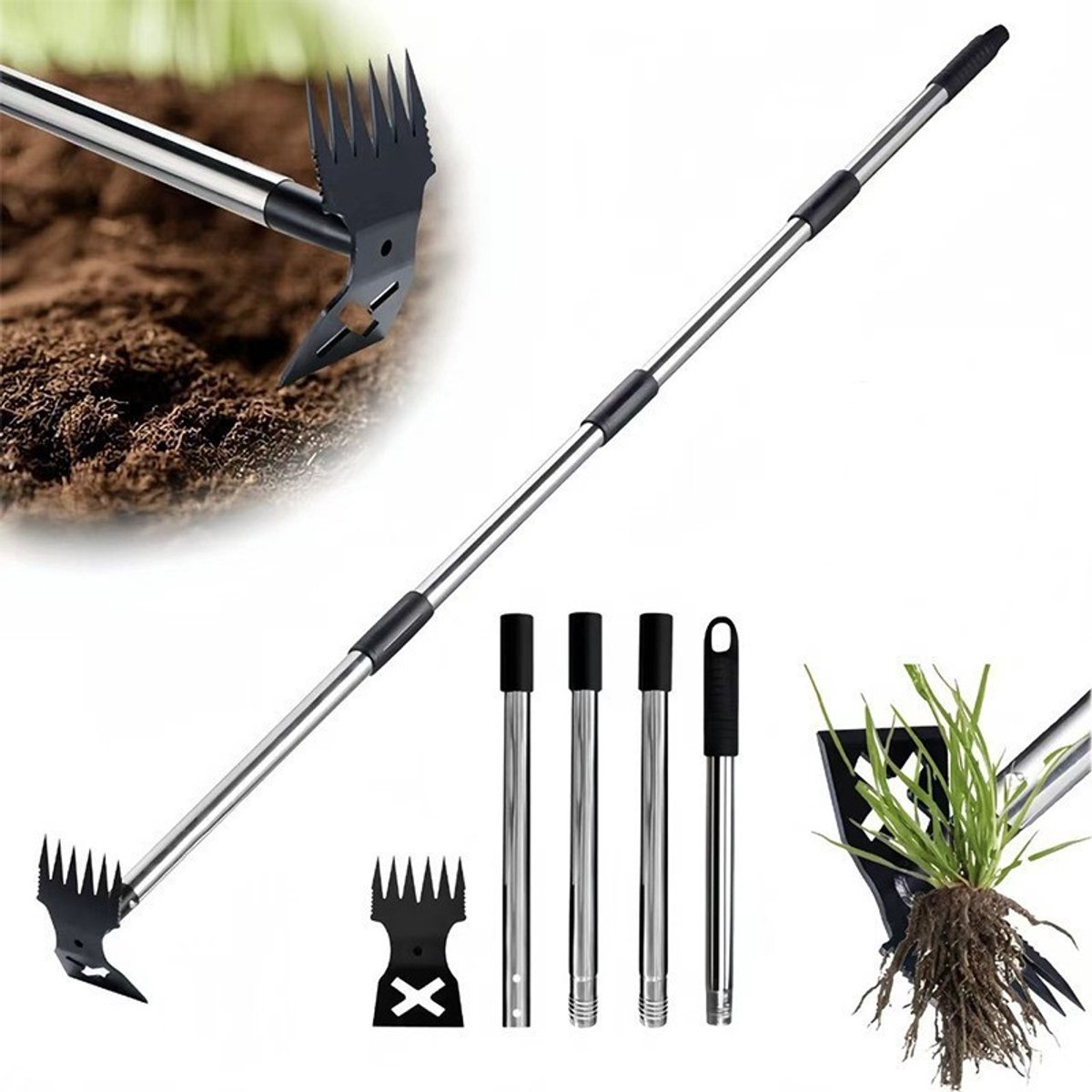 Onkruidverwijderaar met lange steel - 60 inch handmatige onkruidverwijderaar, 2-in-1 handslinger onkruidhark en tuinschoffel voor tuinieren, zwaar onkruidverwijderaar voor tuin, gazon, terras en moestuin