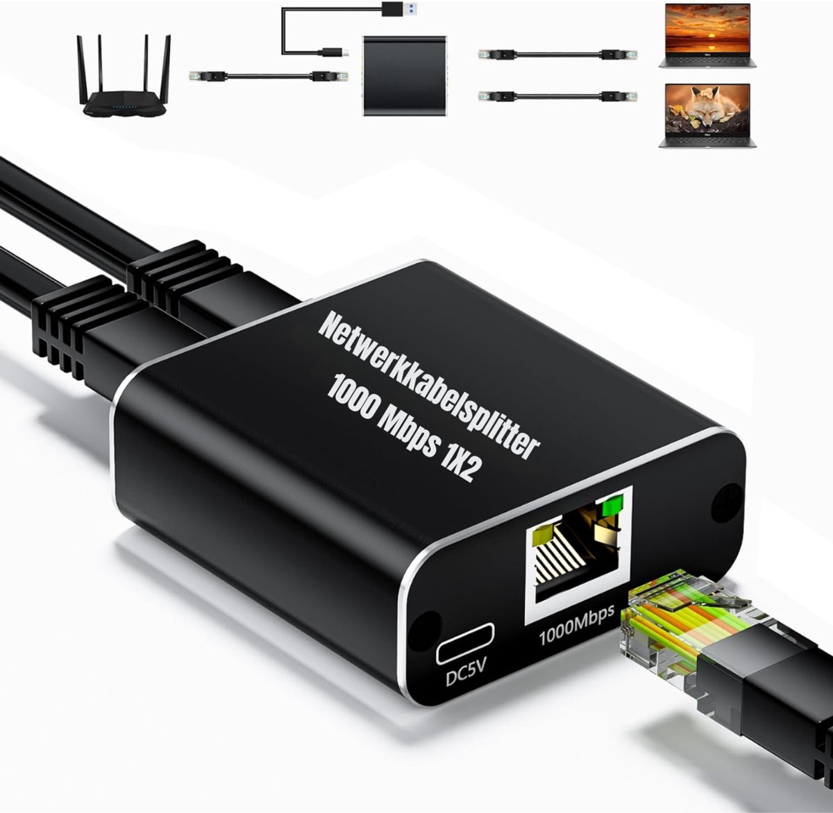 Aurixi® Internet Splitter - Netwerk Spiltter - Internetkabel - Zwart - 12cm x 9cm x 3cm