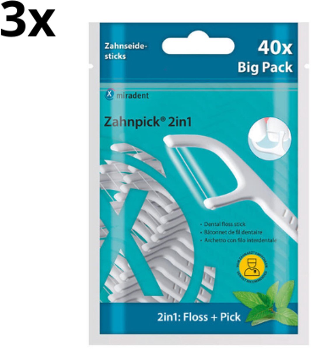 Miradent Tandenstoker met Floss 2-in-1 Mint - 3 x 40 stuks - Voordeelverpakking
