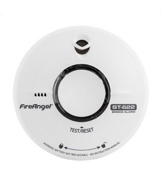 Witte FireAngel rookmelder ST-622 met zwarte ring, testknop en modelaanduiding.