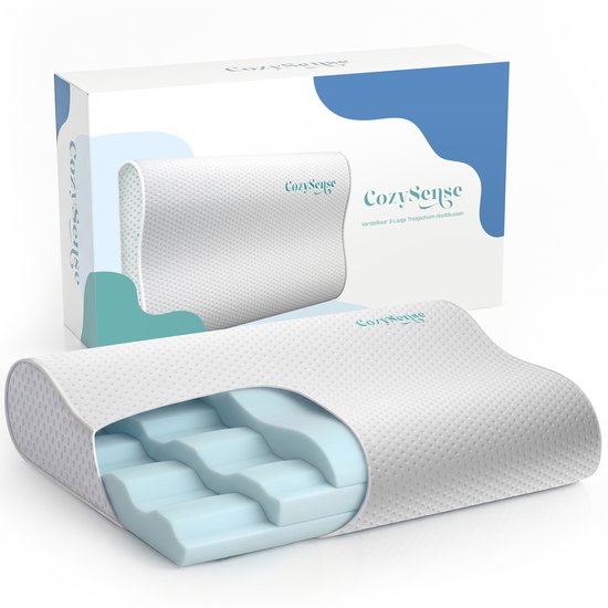 Un oreiller CozySense et son emballage, avec une coupe transversale montrant les couches de mousse à mémoire de forme.