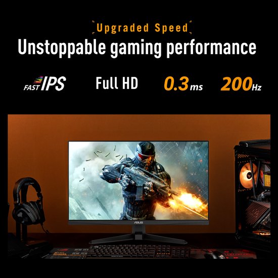 ASUS TUF Gaming monitor met Fast IPS, Full HD, 0.3ms en 200Hz, geplaatst op een bureau met gaming-accessoires.