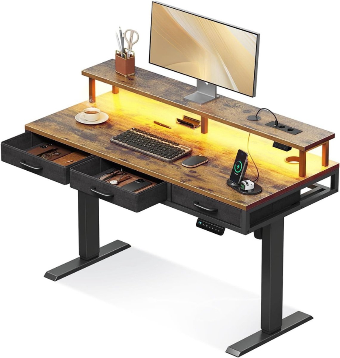 OffiGo Elektrisch Bureau met Laden, 120 cm In hoogte Verstelbaar Bureau met Monitorstandaard, Staand Bureau met Stopcontacten en Lichtframe, In hoogte Verstelbaar Bureau, Bruin