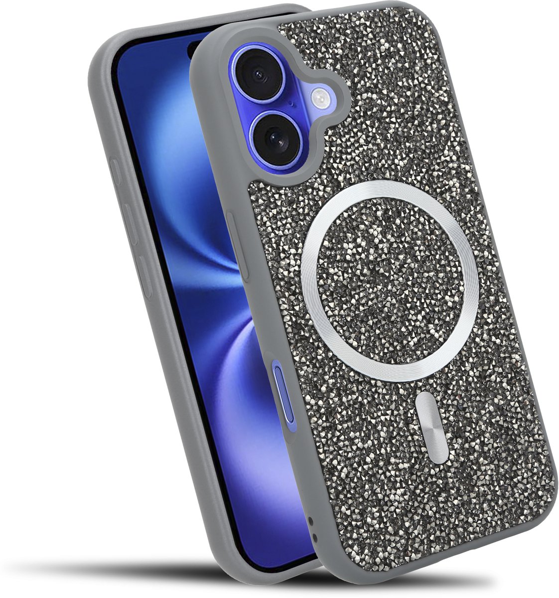 Hoesje geschikt voor iPhone 16 PLUS in Grijs Diamant Glitter Stijl