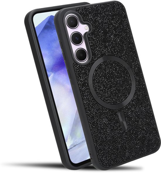 Coque noire à paillettes avec anneau MagSafe pour Samsung Galaxy A55 5G.
