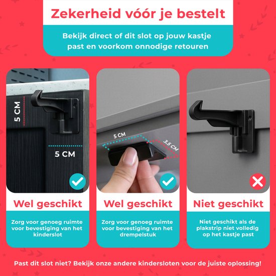 Illustratie van een kinderslot dat wel en niet past op kasten, met afmetingen aangegeven.