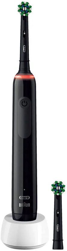 Brosse à dents électrique noire Oral-B avec chargeur blanc et brosse de rechange.