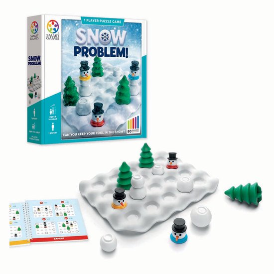 Doos en spelbord "Snow Problem" met vier sneeuwpoppen, drie bomen en witte ballen.