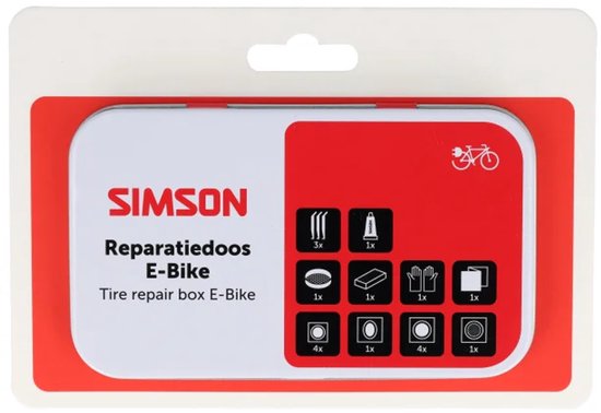 Simson reparatiedoos E-Bike met rode en witte verpakking en afbeeldingen van inhoud.