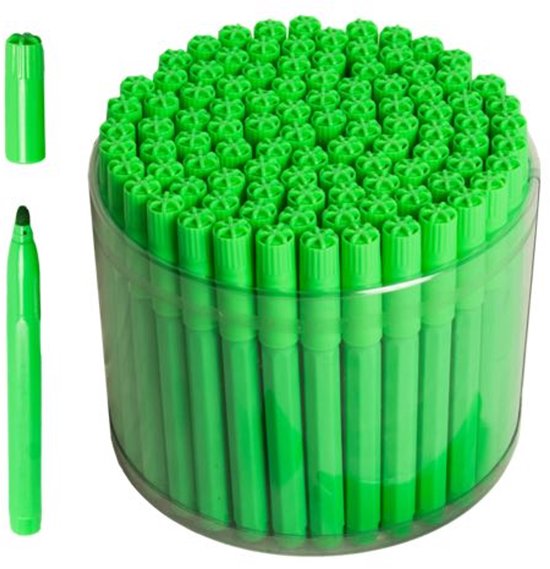 Een grote ronde bak met ongeveer 100 groene stiften. Twee losse stiften met dop en een open stift zijn ernaast afgebeeld.