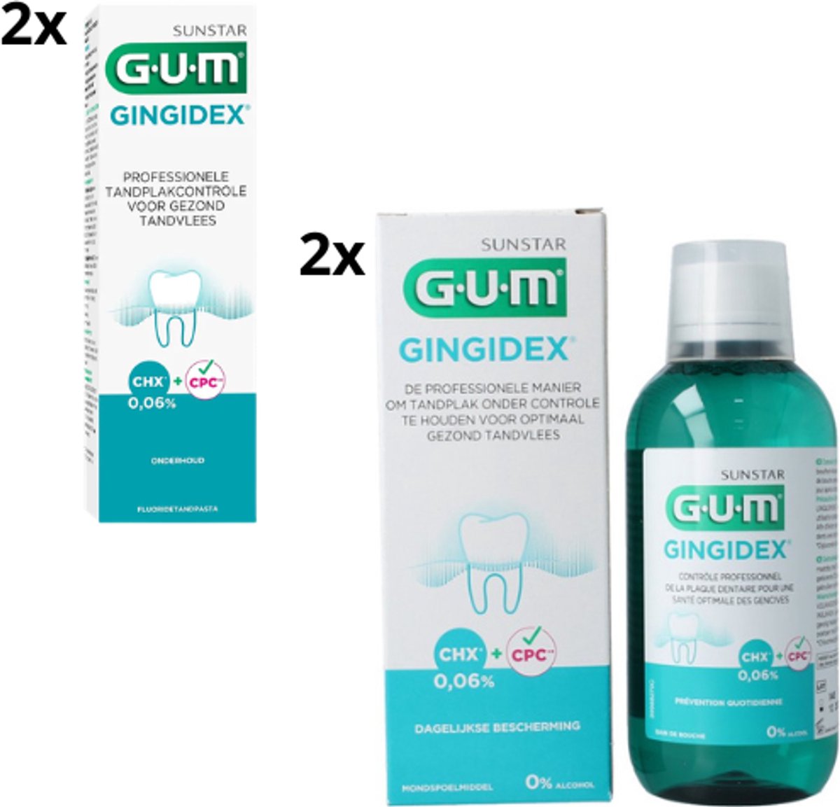 GUM Gingidex 0.06% Chloorhexidine Voordeelpakket - 2x Mondspoeling + 2x Tandpasta