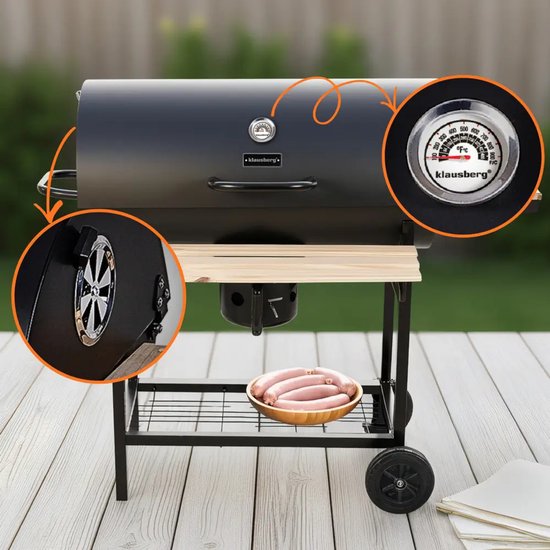 Klausberg XXL Houtskoolbarbecue op Wielen - Met Deksel, Thermometer en Zijtafels - Groot Grilloppervlak 70 x 35 cm - Asopvangbak - Ideaal voor Tuin en Terras van Merkloos — afbeelding 5