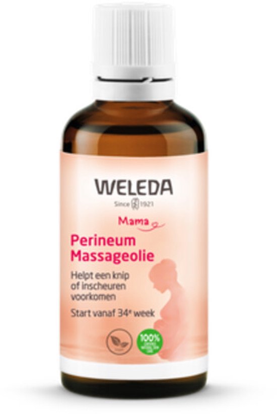 WELEDA Mama Perineum Massageolie in bruin glazen flesje met witte dop. Zachtroze etiket met silhouet van zwangere vrouw.