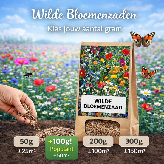 KH Bloembollen® Wilde Bloemenzaad Mix – 100g | ±60–100 m² Bloemenweide | Goed voor Bijen, Vlinders & Biodiversiteit | Inheemse Bloemen | Natuurlijke Tuin | Ecologisch & Duurzaam Zaadmengsel