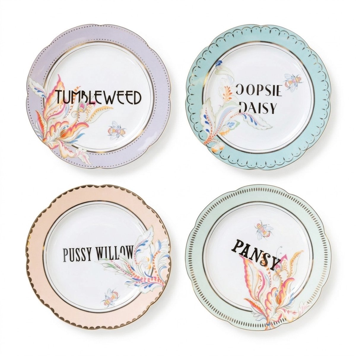Yvonne Ellen London Floral gebaksbordjes set – 4 porseleinen borden Bloemen - Pastel
