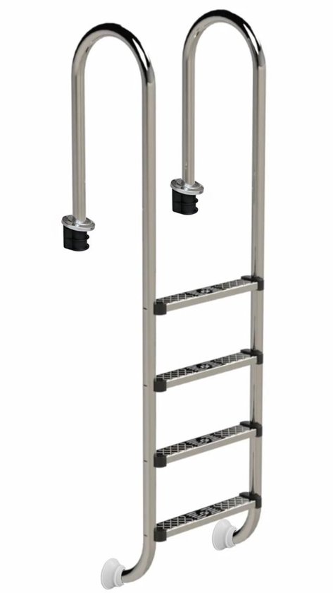 Zilverkleurige zwembadtrap met vier treden, gebogen handgrepen en witte voetjes.