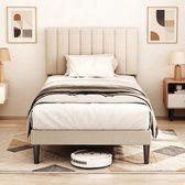 Cadre de lit Cecipa 90x200 cm - Rembourré - Rayures verticales - Rangement sous le lit - Sommier à lattes - Cadre extra robuste - Antidérapant - Lit simple - Sans matelas - Réglable - Gris