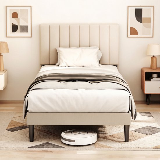 Cecipa Bedframe 90x200 cm - Gestoffeerd - Verticale Strepen - Opbergruimte Onder Bed - Lattenbodem - Extra Stevig Frame - Anti Slip - Eenpersoonsbed - Zonder Matras - Verstelbaar - Grijs