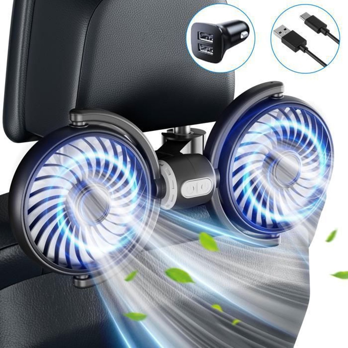 Autoventilator - Dubbele kop - Draagbaar via USB - 3 snelheden - 360° draaibaar