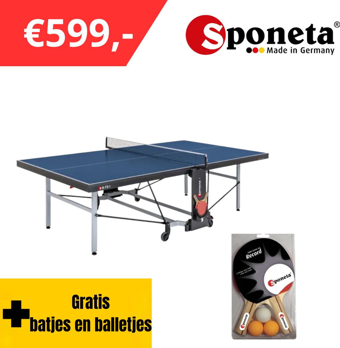 Sponeta® S5-73i tafeltennistafel indoor- Pingpongtafel voor binnen - Speeltoestel voor binnen - Inklapbaar - Zelftrainstand - Inclusief tafeltennisnet en bathouder - 22mm blauw blad - 3 Jaar garantie - LxBxH 274x152,5x76cm - Made in Germany