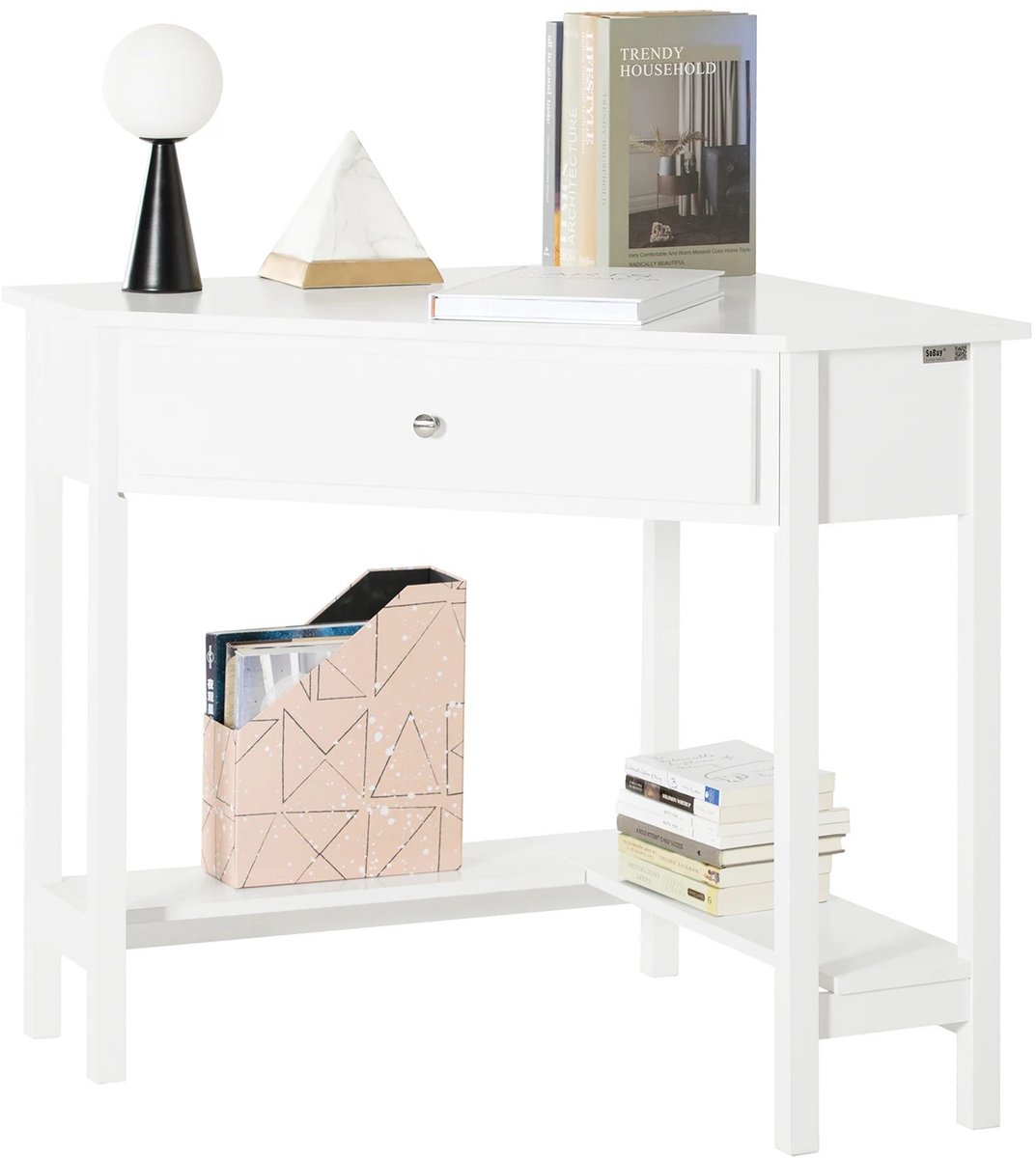 Roossentials hoekbureau - Hoektafel - Driehoekig hoekbureau - Werktafel - Bureau met lade - Hoektafel voor thuis - Kantoor - Wit