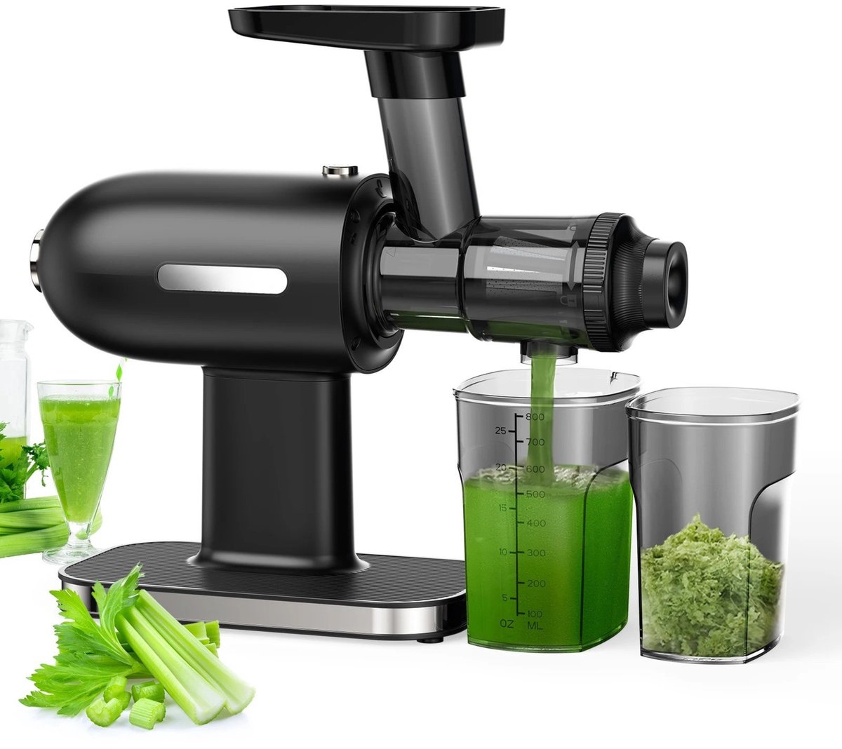 Stervia Slowjuicer - Sapcentrifuge - Persmachine - 800 ml - BPA vrij - Inclusief Schoonmaakborstel - Zwart - 37 x 13 x 33 cm